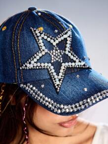 ROMWE Grunge Punk 1pc Women's Fashion Crystal Studded Five-Pointed Star Baseball Cap - Blue - View 4