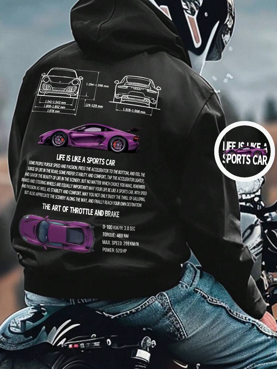 Manfinity Dauomo Men's Casual Fleece Hoodie, Fashion Car Print Pullover Hoodie, Car Enthusiasts Casual Hooded Sweatshirt - Black - View 1