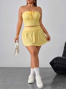 SHEIN Clasi 2 piezas Conjunto casual de top corto con cordón y mini falda liso talla grande para mujer en verano - Amarillo - Ver 5