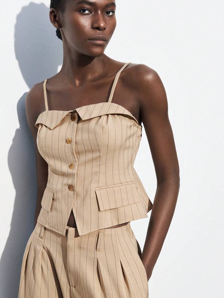 SHEIN Maija 2025 Spring/Summer New Fashion Casual Modern Comfortable Women Khaki Color Striped Top, Suitable For Music Festival, Beach Vacation, Daily Casual, Romantic Urban Resort, Outings, Gatherings, Weddings, Graduation Business Casual Woman Western Airport For Women