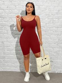 SHEIN EZwear 大码女式酒红色无袖紧身休闲连体裤，适合夏季