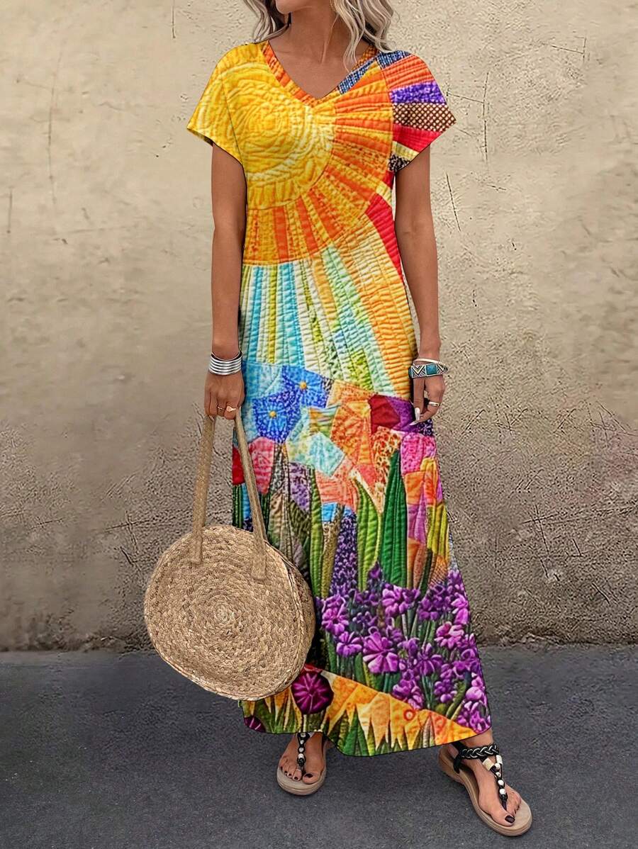 EMERY ROSE Women's V-Neck Floral Print Casual Straight Vacation Dress - Multicolor - View 1