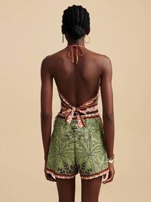 Travachic Women's Woven Green Plant Print Resort Wear, Casual Woman Flowy Sleeveless Halter Neck Backless Crop Top & Patchwork High Waisted Loose Shorts Two Pieces Set, Graphic Print Summer Outfits For Women, Vacation Outfits Woman, Boho Chic, Beach Outfits For Woman, Tropical Outfits Women, Summer Sets