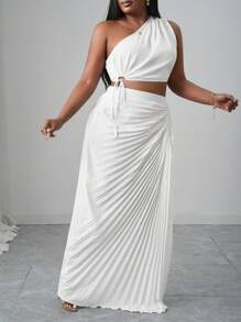 Slaydiva 2 件套大码不对称肩纯色上衣和裙子套装，简约时尚，适合夏季