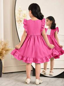 SHEIN Leap Crew Young Girl's Fashionable Woven Solid Color Round Neck Ruffle Hem Fitted Dress - Hot Pink - View 6