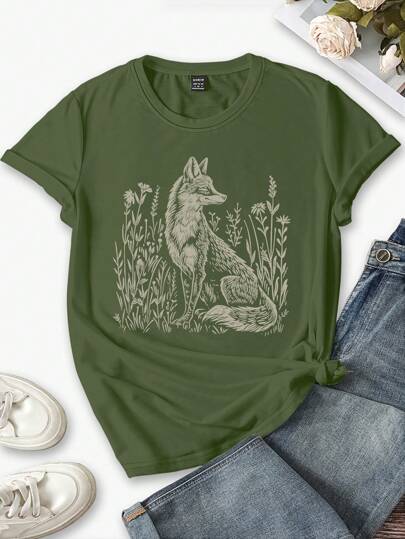 Summer Casual Foxes In Floral Print Fitted Women T-Shirt