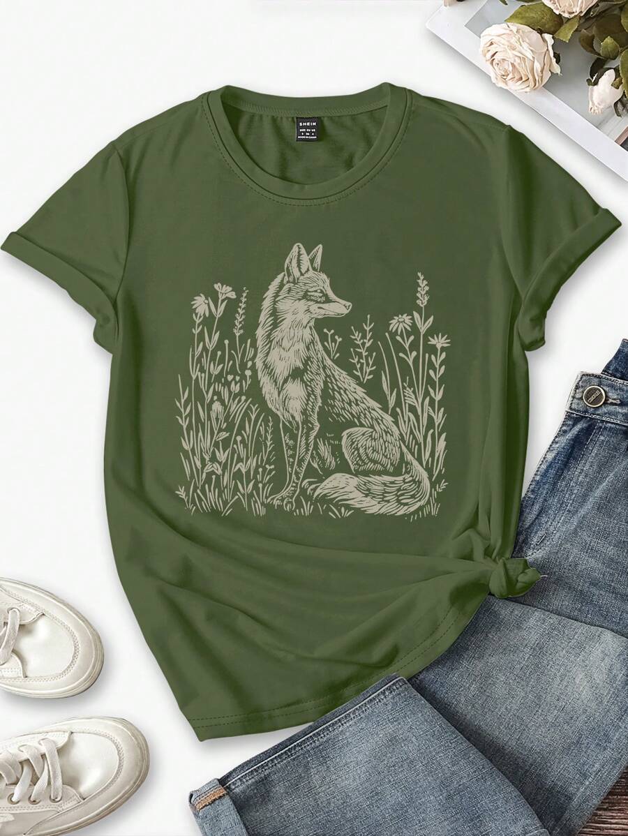 Summer Casual Foxes In Floral Print Fitted Women T-Shirt - Army Green - View 1