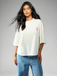 Missguided x Playboy Oversized T-Shirt Half Sleeve Streetwear Loungewear Casual Pink Bunny Logo Cotton Blend Urban Fashion Everyday Essential Spring Summer - White - View 1