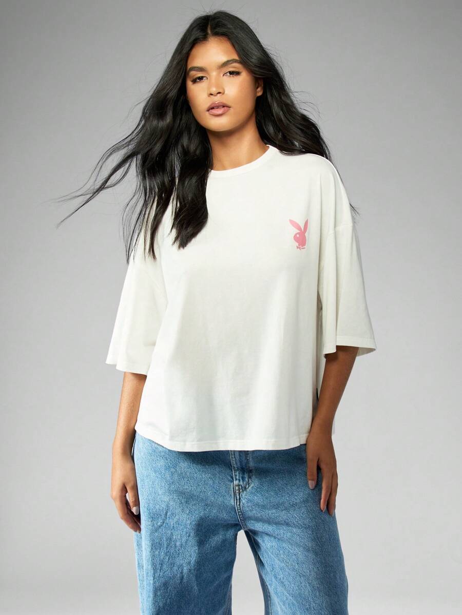 Missguided x Playboy Oversized T-Shirt Half Sleeve Streetwear Loungewear Casual Pink Bunny Logo Cotton Blend Urban Fashion Everyday Essential Spring Summer - White - View 1