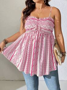 SHEIN Clasi Plus Size Ruffle Collar Gathered Folds A-Line Varied Color Vacation & Casual Camisole - Multicolor - View 6