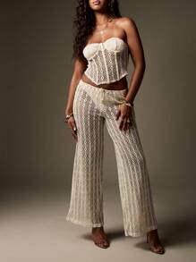 MISSGUIDED Set spiaggia a due pezzi all'uncinetto, top a corsetto senza spalline, pantaloni palazzo a gamba larga, copricostume da spiaggia, per vacanze, festival e feste