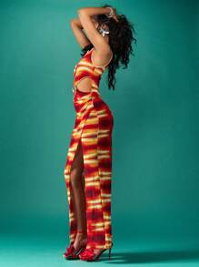 MISSGUIDED Vestido maxi de lujo con estampado de puesta de sol y detalles recortados, vestido largo de estética Y2K para fiesta de verano, playa y resort