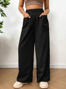 SHEIN EZwear Plus Size Women Solid Color Elastic Waist Pocket Loose Casual Pants