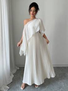 Rafferiza Women Textured Pleated Asymmetric Shoulder Fashion Dress - Apricot - View 1