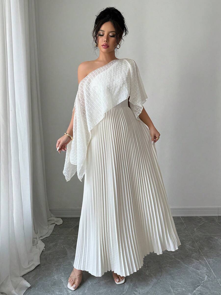 Rafferiza Women Textured Pleated Asymmetric Shoulder Fashion Dress - Apricot - View 1