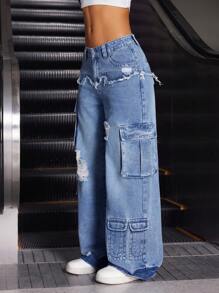 SHEIN ICON 女士休闲牛仔裤，适合夏季 - 中等水洗藍 - 查看 3