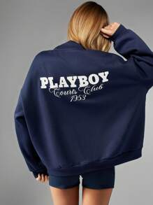 Missguided x Playboy Tennisclub Reißverschluss Sweatshirt lässige Freizeitsportmode Collegestil Logo entspannte Passform Herbst Winter Freizeitkleidung Streetwear - marineblau - Übersicht 2