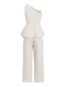 Ellevyn Aprikotfarbenes strukturiertes Stoff asymmetrisches Schulter asymmetrisches Top + gerade Bein Hose Damen 2 Stücke Set Sommeroutfit für Frauen Lehreroutfit für Frauen Zweiteiler Sommer für Frauen Businesslook für Frauen