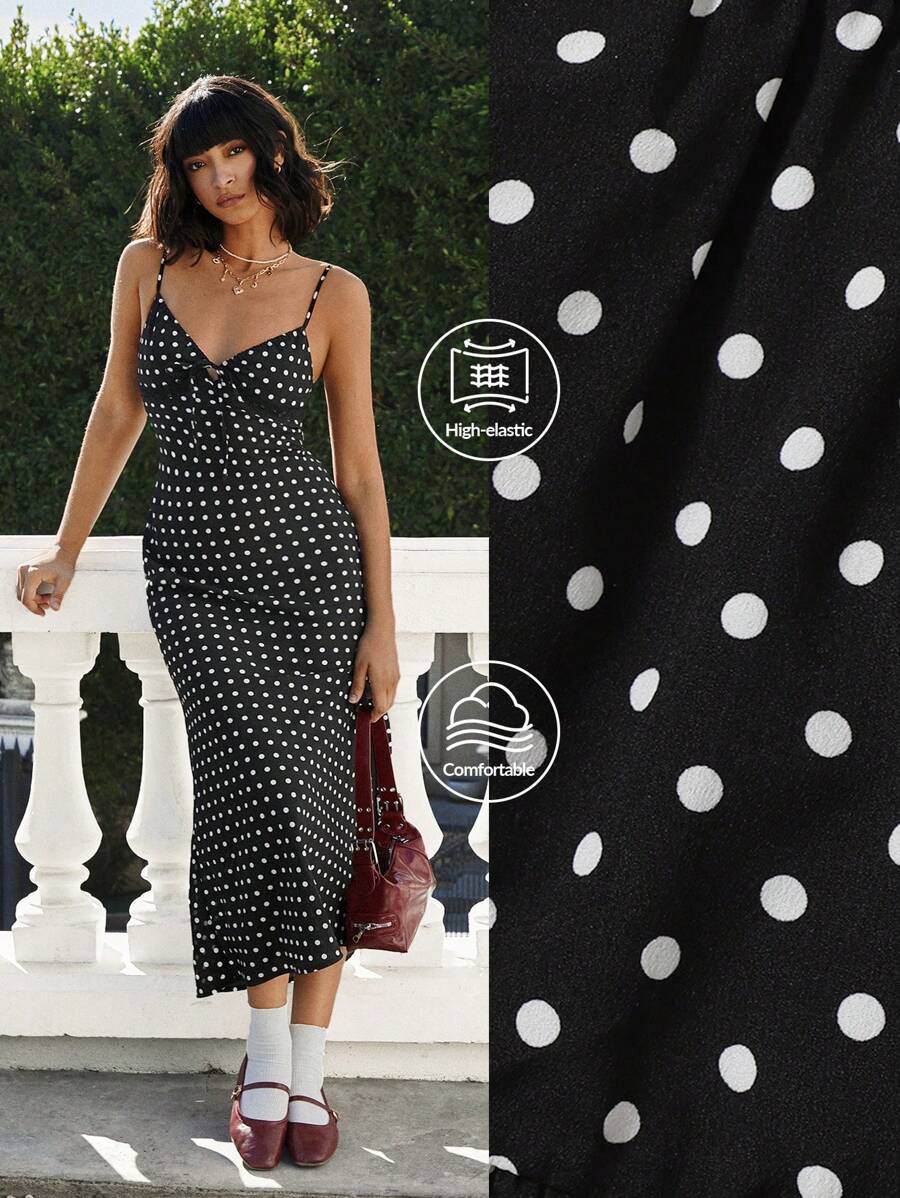 SHEIN EZwear 女士休闲度假波尔卡圆点印花细肩带连衣裙