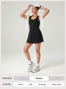 GLOWMODE FeatherFit™-Air Ir à Distância Vestido Ativo com Mangas Curtas, Absorvente de Suor, Secagem Rápida, Copas Embutidas, Alças Cruzadas, Decote Redondo, Shorts Embutidos, Bolsos Laterais, Agarre Anti-Deslizante, Uso Diário, Tênis, Golfe, Pickleball, Baixo Impacto - Preto - Visão 8