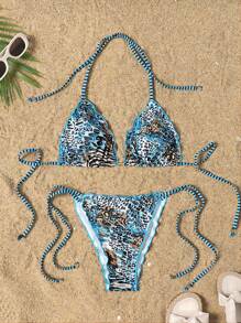 SHEIN Swim Leoprint Bikini-Set mit Neckholder und seitlicher Bindung, für Sommerurlaub am Strand