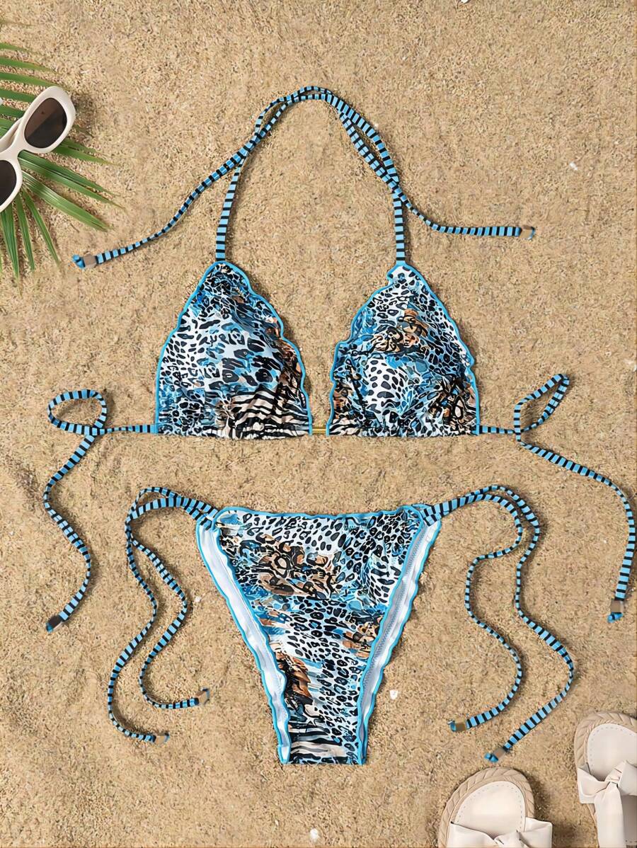 SHEIN Swim Leoprint Bikini-Set mit Neckholder und seitlicher Bindung, für Sommerurlaub am Strand