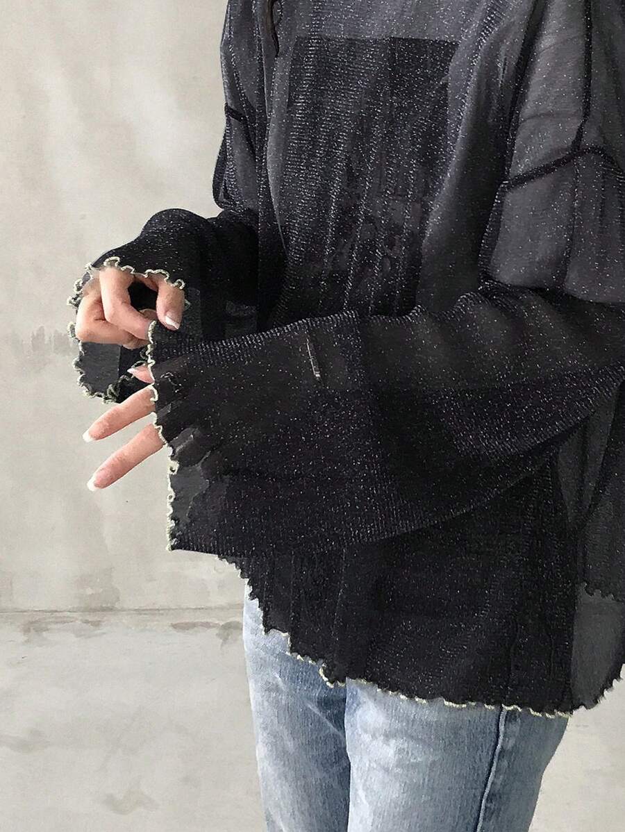 FRIFUL Women's Loose Blue Mesh Sheer Overlay Round Neck Top, Layered Design For Spring/Summer Long Sleeve Women Tops - Black - View 1