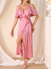 SHEIN Clasi 浪漫优雅荷叶边袖露肩中长连衣裙 - 粉色 - 查看 4