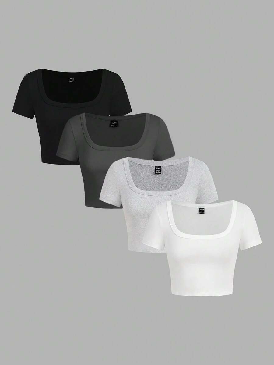 SHEIN EZwear 4 件装休闲简约方领圆领短袖修身短款上衣 T 恤女款,适合夏季 - 彩色 - 查看 1
