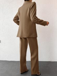 EURMUSE Women's Casual Solid Color Suit Set With Lapel Collar Jacket And Long Pants - Mocha Brown - View 4