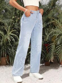 Breezaya Women's Floral Pattern Pockets Frayed Hem Straight Loose Fit Jeans