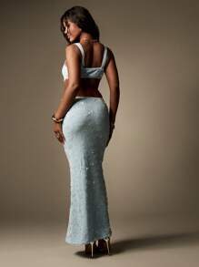 MISSGUIDED 亮片球衣Maxi连衣裙合身无袖晚礼服美人鱼婚礼客人特殊场合假日派对长地板长度优雅闪耀 - 淺藍色 - 查看 2