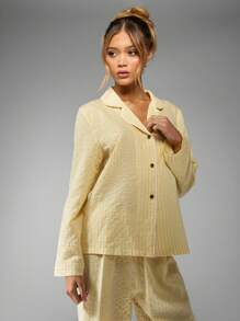 MISSGUIDED Luxury Striped Button Through Pajama Set Long Sleeve Loungewear Sleepwear Relaxed Fit Bedtime Comfort Winter Nightwear - Yellow - View 3