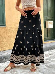 Breezaya Women's Boho Ruffled Hem Black Retro Print Loose Long Skirt - Black - View 5