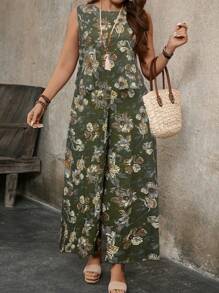 EMERY ROSE 大码女式印花圆领无袖阔腿裤两件套，夏季