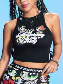 THE POWERPUFF GIRLS X SHEIN Women's Cute Black Summer Blossom, Bubbles, Buttercup Pattern Cropped Tank Top Concert / Rave/Festival / Rave Outfits Tank Top - Black - View 7