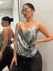 SHEIN ICON Áo hai dây đính đá Rhinestone xếp nếp kim loại gợi cảm cho câu lạc bộ mùa hè dành cho nữ, đơn giản và thời trang, phù hợp cho mùa hè - Bạc - Xem 1