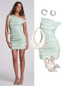 SHEIN BAE Sage Green Tie Dye Tie-Dye Sequin Mini Dress With Asymmetric Ruffle Hem, Elegant & Fashion, Suitable For Summer Beach Vacation, Graduation Party, Wedding Guest, Bachelorette Party, Brunch - Green - View 7