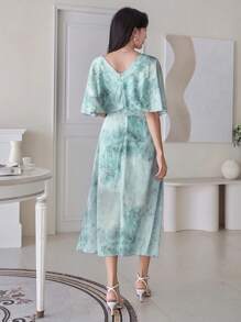 DAZY Solid Color V-Neck Mid-Length Shiny Dress For Women