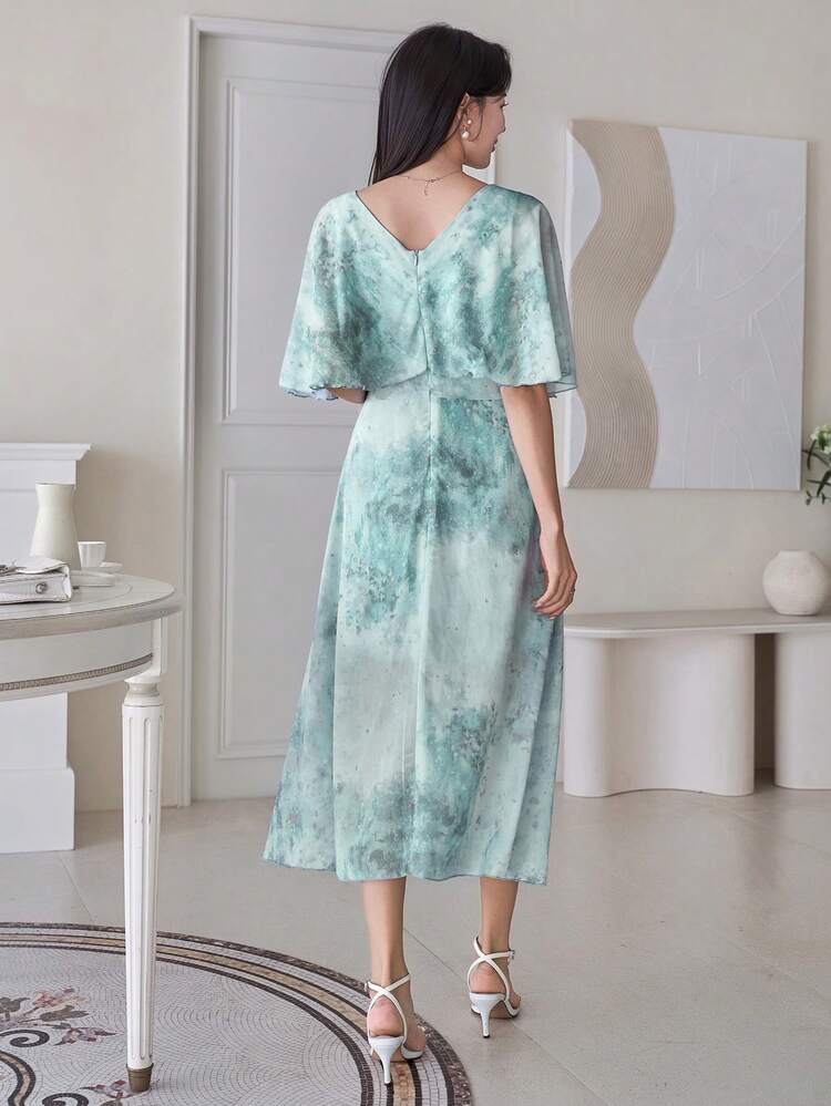 Solid Color V-Neck Mid-Length Shiny Dress For Women