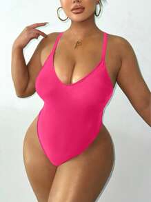 Swim SXY 大码女式连体性感露背泳衣 - 玫紅色 - 查看 2