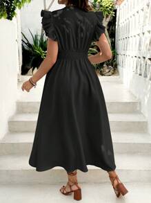 SHEIN Maternity Summer Puff Sleeve V-Neck Ruffle Waist Dress - Black - View 2