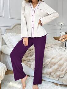 Conjunto de pijama de top de manga larga y pantalones largos con textura de punto y contraste de color acogedor