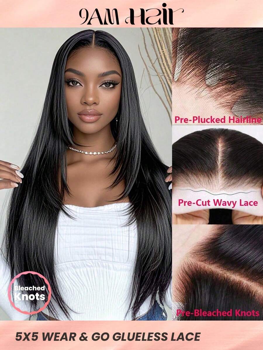 Glueless 5 X 5 Lace Closure Wig Layered Cut Silky Straight Bob Pre-Plcuked 100% Human Hair Wig For Women