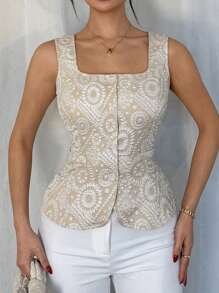 SHEIN Clasi Square Neck Sleeveless Textured Fabric Single-Breasted Button Decoration Vest Shirt For Women - Khaki - View 6