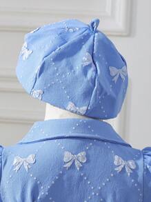 Souflis Souflis Baby Girl Dreamy Blue Bowknot Textured Elegant Classic Dress With Beret Hat - Blue - View 4