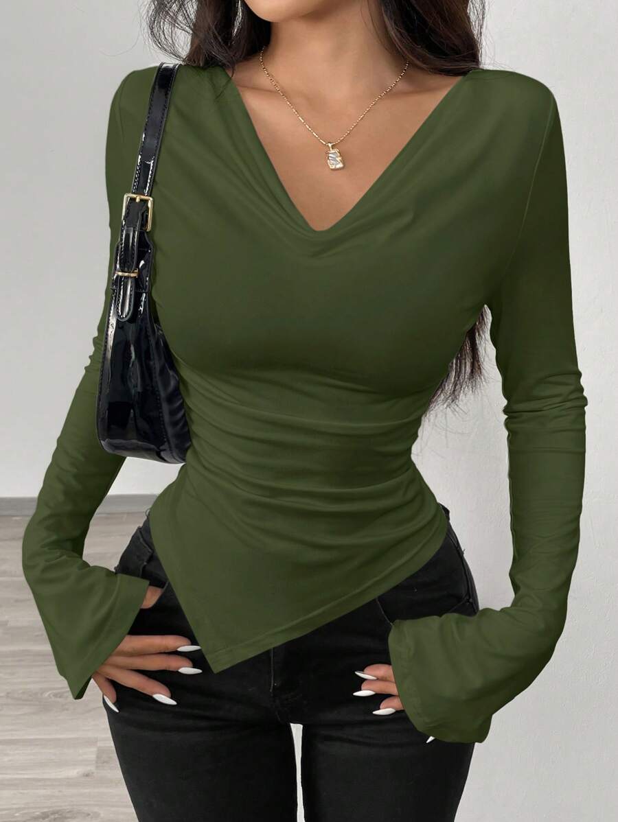 Airlisse Off-Shoulder Asymmetric Hem Knit T-Shirt, Fitted Waist Fall Cloth For Women - Army Green - View 1