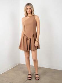 SNOW XUE GAO Light Brown Asymmetric Neckline Pleated Mini Dress Fashion Sundress Summer Vacation Outfits Dress For Women - Brown - View 6