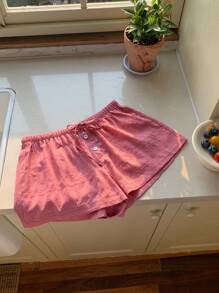 Comfortcana Plus Size Solid Color Front Tie Button Casual Shorts For Spring & Summer - Red - View 2