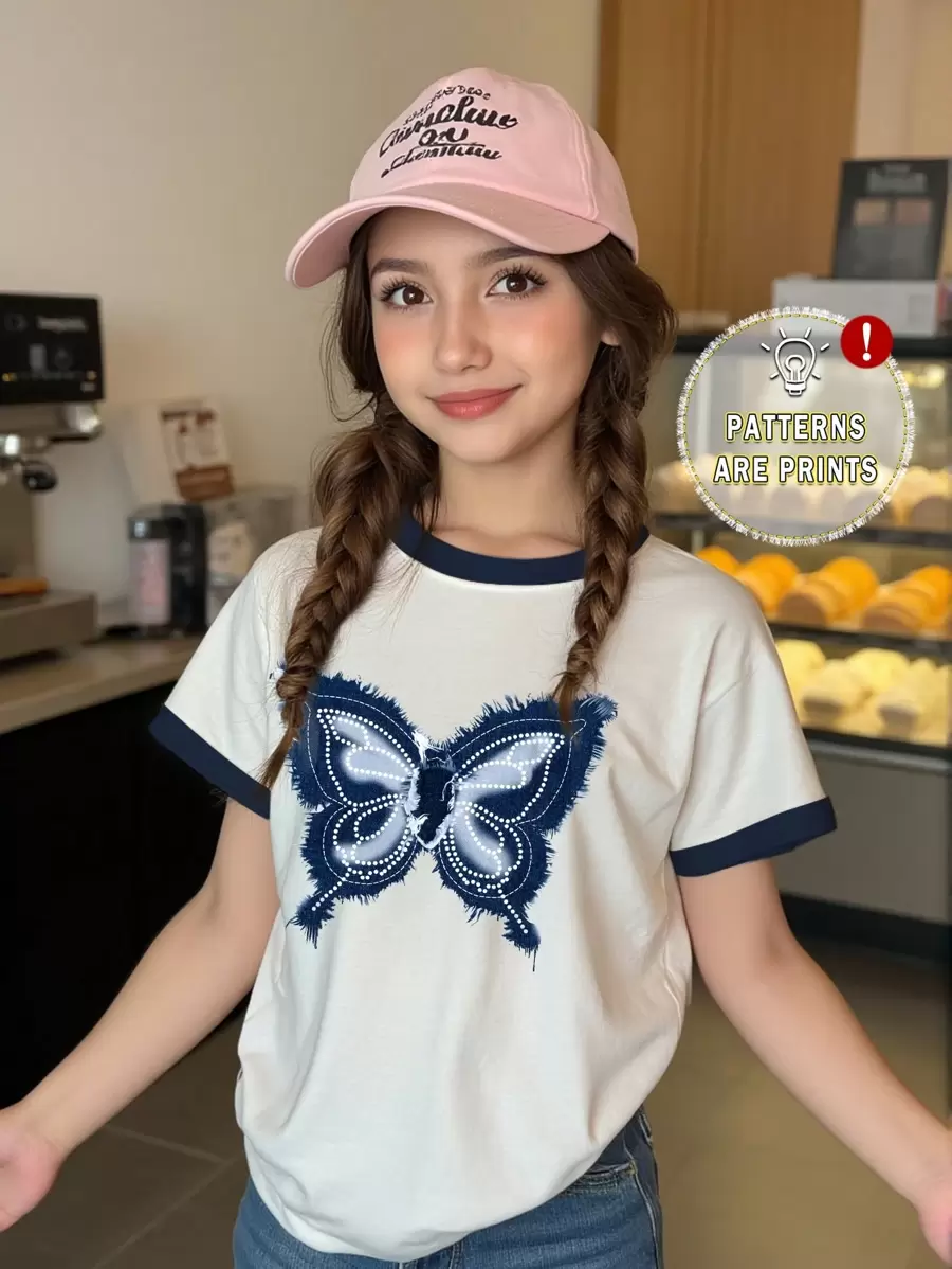 Tween 女童休闲宽松蝴蝶贴花圆领短袖 T 恤 - 白色 - 查看 1